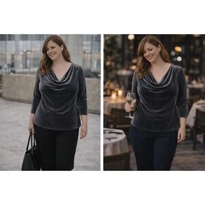 Tahari Gray Stretch Velvet Drape Neck Top | 3/4 Sleeve Soft Glam Sz M